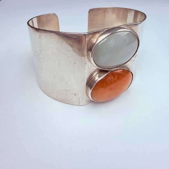 Artisan BIG Orange & Pale Jade Handmade 35mm Wide Sterling Silver Cuff Bracelet - Picture 2 of 11